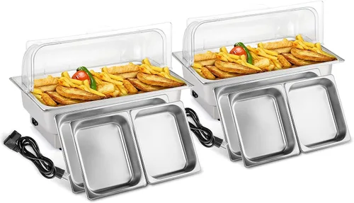 Vista 10 de ROVSUN Juego de bufé eléctrico de acero inoxidable de 9 cuartos de galón, NSF con tapa enrollable para catering, calentador de alimentos