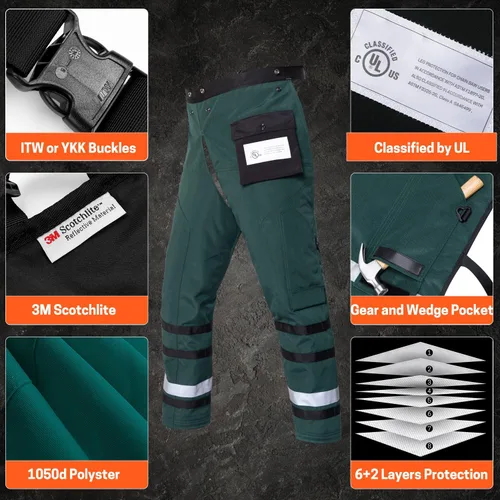 Vista 4 de Chaparreras de motosierra con envoltura técnica de YARDMARIS de UL Clase A, 8 capas, estilo delantal, color verde ejército Verde militar