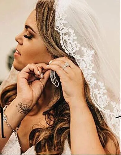 Vista 4 de Brinote Velo de novia de encaje apliques con peine 1 nivel largo hasta la cadera velos de novia de cristal velos de tul suave para novias, Marfil