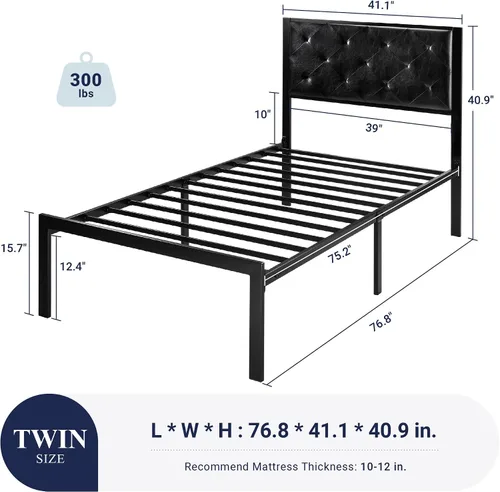 Vista 2 de Allewie Base de cama individual con cabecera tapizada de piel sintética, diseño elegante con costuras de diamante, no necesita somier, color negro