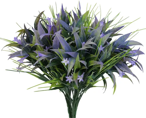 Vista 12 de 8 piezas de plantas falsas para exteriores, resistentes a los rayos UV, plantas de césped alto artificiales, flores tropicales, arbustos, decoración
