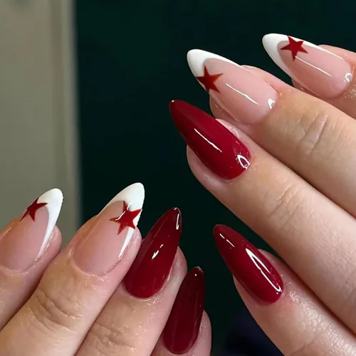 Vista 28 de Uñas postizas de almendra medianas MABKJLF con punta francesa, uñas falsas 3D con diseños de pedrería de flores de fresa, uñas pegajosas brillantes 1