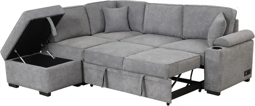 Vista 7 de Merax Sofá cama de 87.4 pulgadas, sofá cama extraíble 2 en 1, sofá cama en forma de L con otomana de almacenamiento para sala de estar, sofá