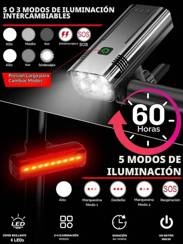 Vista 3 de Luces de bicicleta de alto lúmenes delanteras y traseras para conducción nocturna, 10,000 mAh USB recargable 6 luces LED para bicicleta, 5+5 modos