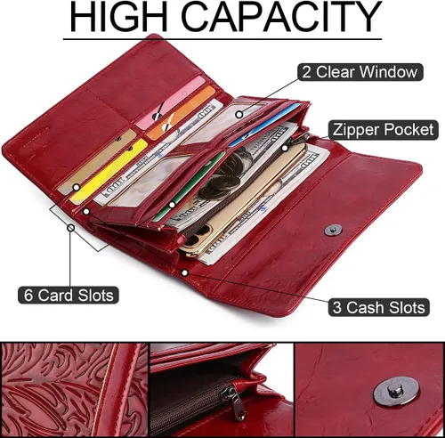 Vista 19 de MEITRUE Cartera de cuero para mujer, con bloqueo RFID, triple pliegue, con relieve, soporte para tarjetas, organizador de chequera para teléfono