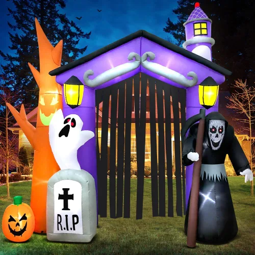 Vista 6 de Inflables de Halloween de 9 pies para decoración de castillo embrujado con luz LED, inflables de Halloween para exteriores, inflables