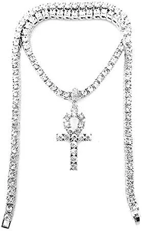 Vista 3 de Collar Shiny Jewelers Usa, dije de pequeña cruz doble ankh, con diseño de hip-hop, plata y diamantes sintéticos, cadena cubana, de caja