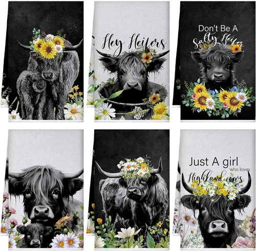Vista 18 de Boyiee Juego de 6 toallas de cocina de ganado Highland, divertidas toallas de baño de vaca en blanco y negro, absorbentes de 24 x 16 pulgadas, lindo