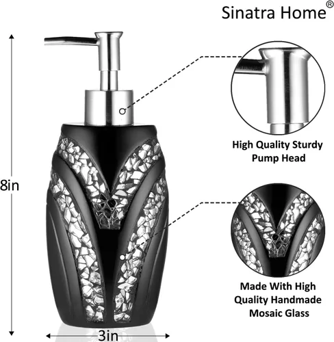 Vista 4 de Zahari Home Dispensador de jabón/loción Sinatra Diseño único de mosaico de vidrio brillante, negro