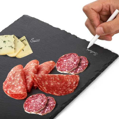 Vista 4 de Hacaroa Tabla de queso de pizarra de 6 piezas, 12 x 8 pulgadas, charcutería negra, bandeja de placa de piedra de pizarra natural, plato gourmet