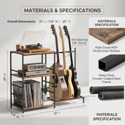 Vista 6 de Soporte de guitarra para múltiples guitarras acústicas con estante de almacenamiento de 3 niveles, estante de exhibición de guitarras, accesorios