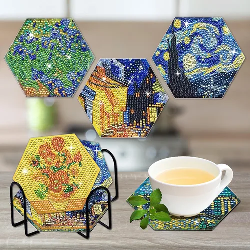 Vista 5 de NUFTVI Van Gogh - Juego de posavasos de pintura de diamantes con soporte, kit de posavasos de arte de diamante de cristal completo 5D para adultos.