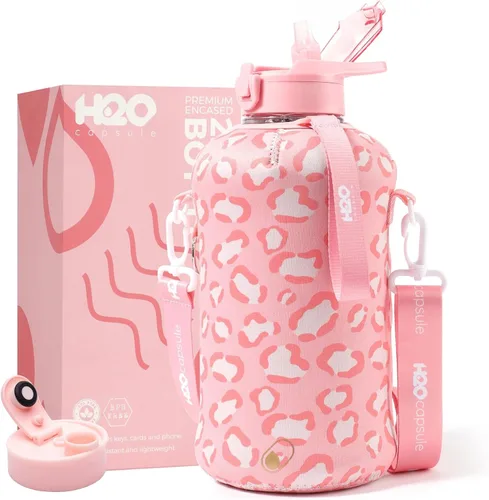 Vista 12 de H2O Capsule - Botella de agua de medio galón, con funda de almacenamiento y pajilla cubierta, contenedor grande con asa para bebidas, reutilizable