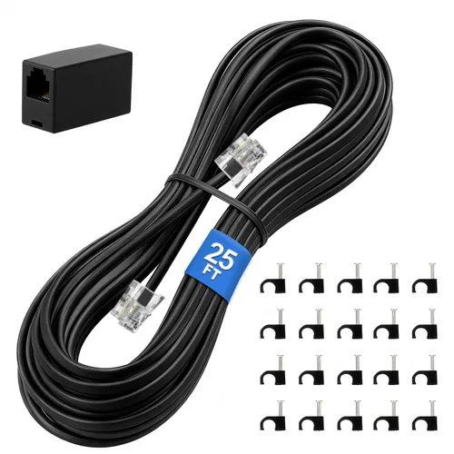 Vista 9 de Uvital Cable de extensión de teléfono de 15 pies, acoplador RJ11 y clips de Negro