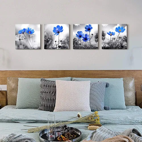 Vista 7 de Arte de pared para dormitorio, flor azul cian en blanco y negro, decoración de pared para decoración del hogar, pintura de arte de 12 x 12 pulgadas