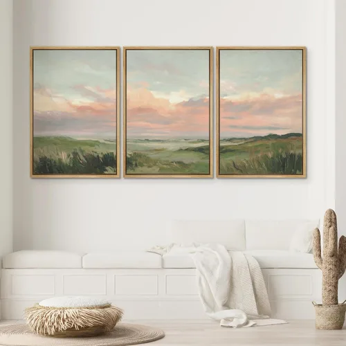 Vista 170 de SIGNWIN Lienzo enmarcado para pared, juego de arte pastel con cadena montañosa, bosque, niebla, naturaleza silvestre, ilustraciones modernas, arte