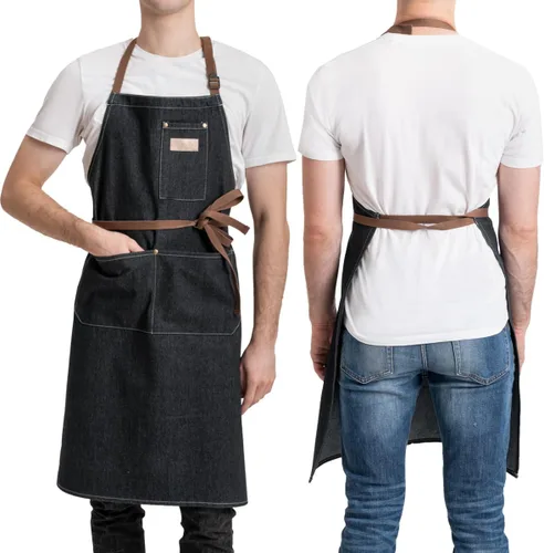Vista 2 de ROTANET Delantal de trabajo de mezclilla con 3 bolsillos, delantales para chef, estilista, cocina, carpintería, para hombres y mujeres, azul y negro