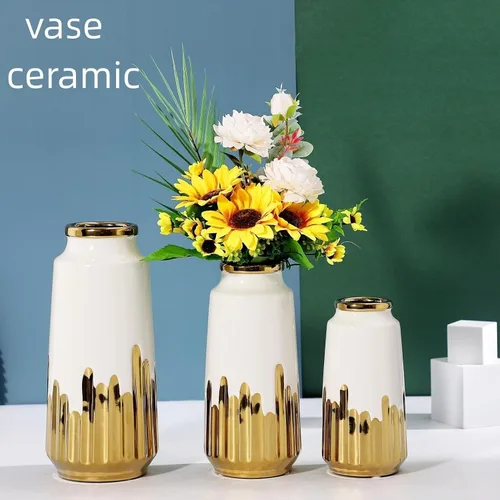 Vista 3 de Jarrón grande de cerámica blanca con detalles chapados en oro de 11 pulgadas de alto, florero decorativo para sala de estar, decoración moderna