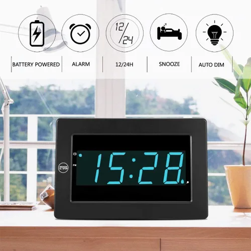 Vista 2 de Reloj de pared digital con pilas, pantalla LED, reloj despertador digital con pilas, brillo ajustable, 12/24 horas