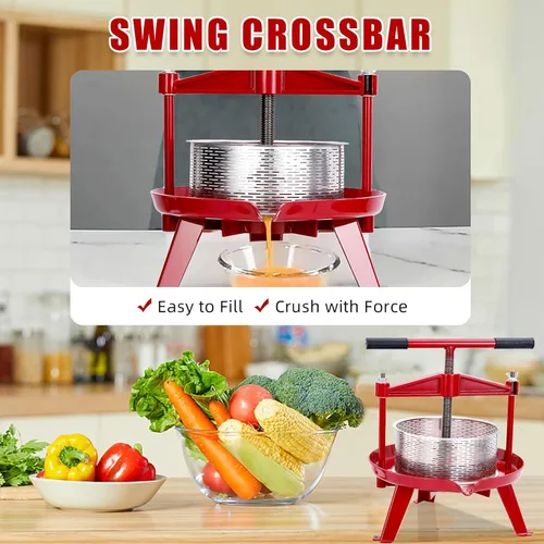 Vista 2 de Prensa de frutas y vino de acero inoxidable de 1.32 galones, prensa manual con mango en T, estructura triangular estable para exteriores y cocina