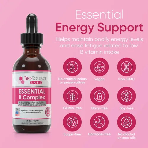 Vista 2 de BioSource Labs Essential B Complex - Gotas líquidas sublinguales de complejo B vegano diario con metilo B12 (botella de 2 onzas/2.0 fl oz)