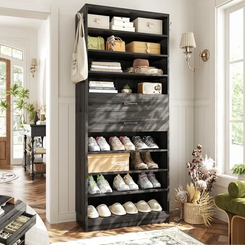 Vista 13 de Aheaplus Armario alto para zapatos, zapatero estrecho de madera de 10 niveles, organizador de almacenamiento de zapatos con almacenamiento abierto