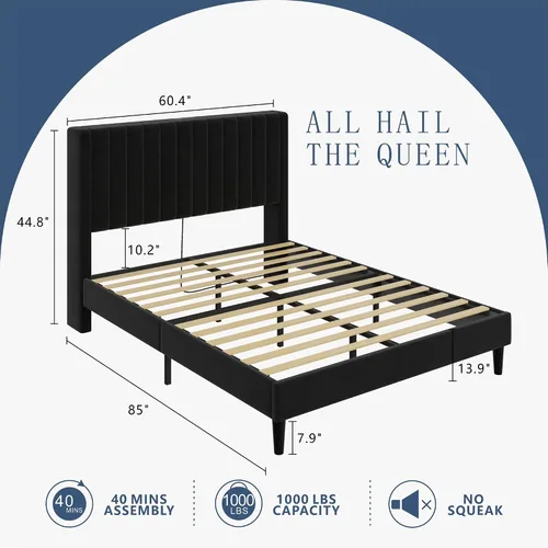 Vista 2 de VanAcc Base de cama tamaño Queen, plataforma tapizada de terciopelo con cabecera capitoné de canal, base de colchón con listones de madera,