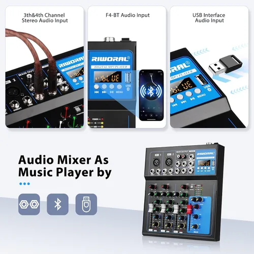 Vista 4 de Interfaz de audio de 4 canales, mezclador de audio USB, tablero de sonido, consola de mezcla incorporada Bluetooth MP3 Entrada de computadora+48 V