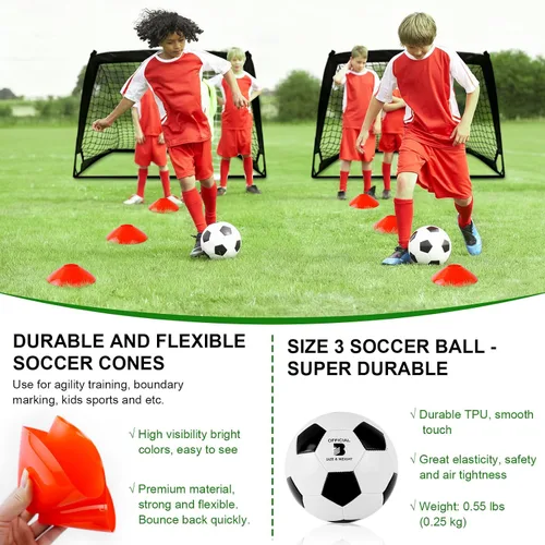 Vista 5 de Juego de 2 porterías de fútbol para niños para patio trasero, paquete de 2 redes de fútbol portátiles de 4 x 3 pies, equipo de entrenamiento