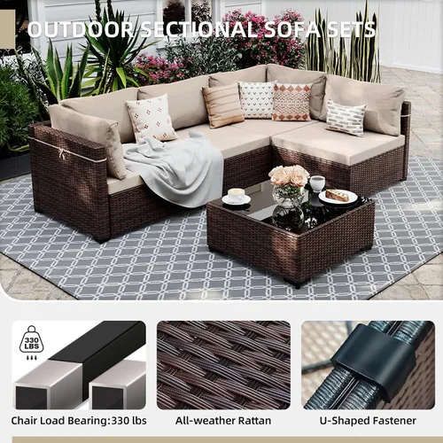 Vista 3 de UPHA Juego de muebles de mimbre para patio de 5 piezas con mesa auxiliar Cojín de ratán marrón y beige