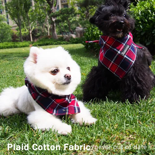 Vista 4 de Pañuelo ajustable para perro, 1 bufanda triangular de algodón suave y lavable para perros y gatos pequeños, medianos y grandes (marrón y azul, S)