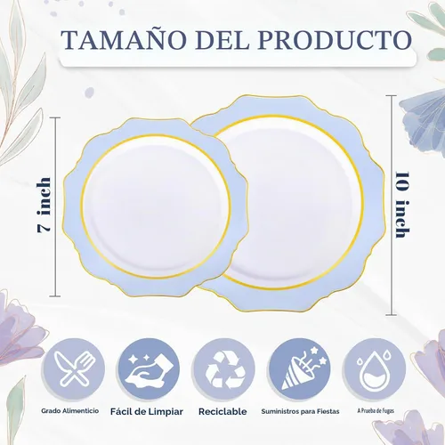 Vista 8 de WDF 100 piezas de platos de plástico azul - Platos desechables azul claro - Platos de plástico con borde festoneado resistente para Azul y dorado
