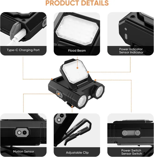 Vista 2 de Luz LED con clip para sombrero de 400 lúmenes, recargable con sensor de movimiento, 180° ajustable, manos libres, linterna frontal para camping