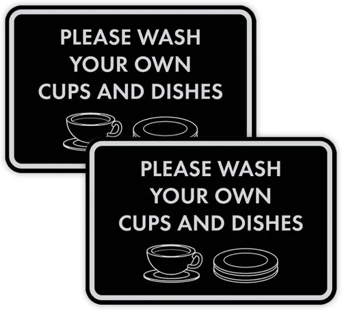 Vista 57 de Letrero clásico enmarcado con texto en inglés «Please Wash Your Own Cups and Dishes» (negro)