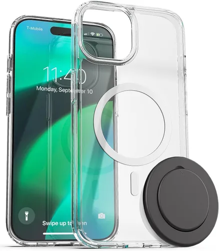 Vista 4 de ENCASED Funda transparente para iPhone 15 con agarre magnético extraíble, soporte plano plegable para teléfono (compatible con MagSafe)