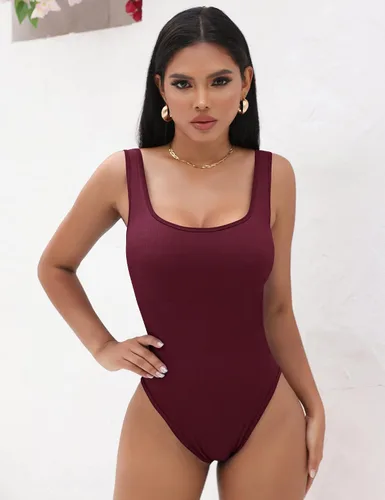 Vista 2 de Micoson Body de 2 piezas para mujer, acanalado, sin mangas, cuello cuadrado, sexy, elástico, bodycon