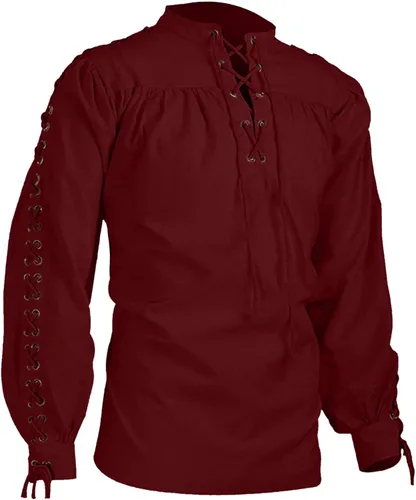Vista 9 de Camisa medieval pirata para hombre, manga larga, con cordones, gótico renacentista, steampunk