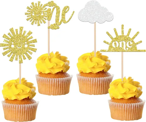 Vista 14 de 36 piezas de decoración para cupcakes de sol de doble cara con diseño de flores y sonrisas, decoración de cupcakes SunShine para temática de sol