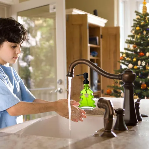 Vista 7 de Dispensador de Jabón de Árbol Navideño, Dispensador de Jabón de Vidrio con Bomba Negra 304 a Prueba de Óxido, en Forma de Árbol Navideño, Ideal