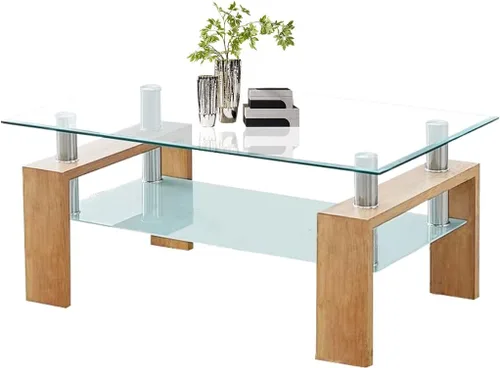 Vista 8 de Mesa de centro rectangular de cristal, moderna mesa de centro lateral con estante inferior, patas de madera para muebles de sala de estar (negro)