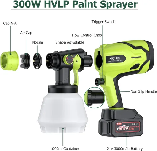Vista 2 de Pistola pulverizadora de pintura inalámbrica HVLP con batería de 21 V, pistola de pintura eléctrica de 300 W, tanque de 33.8 fl oz, 6 boquillas y 3