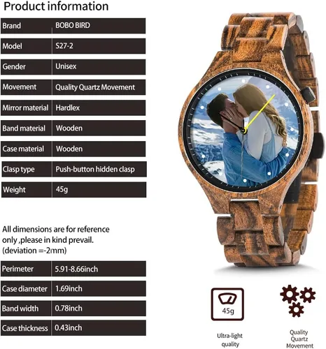 Vista 9 de 2win Reloj personalizado personalizado con impresión de foto para hombre, regalo de aniversario de madera para él y sus familias