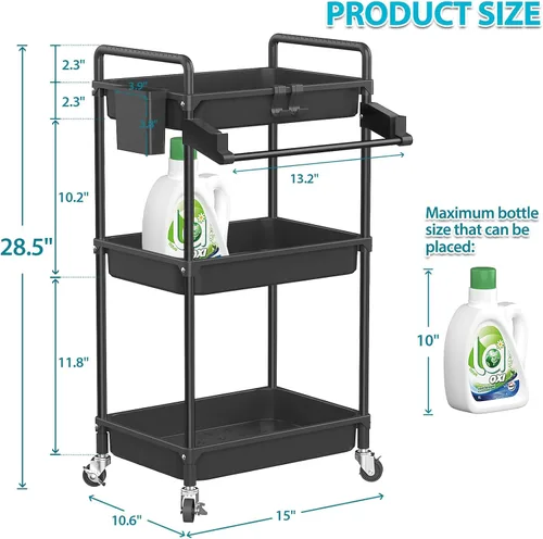 Vista 4 de SPACEKEEPER Carrito de almacenamiento rodante, carrito utilitario de 3 niveles, organización de cuarto de servicio, estantería móvil, organizador