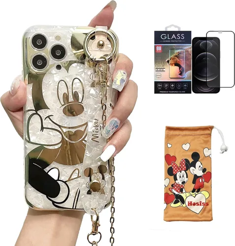 Vista 12 de Funda de dibujos animados para iPhone 7/8/SE de 4.7" con protector de pantalla HD, Mickey Mouse con correa de muñeca, soporte, cadena de metal