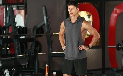 Vista 2 de Camiseta sin mangas con capucha para hombre, para gimnasio, fisicoculturismo, entrenamiento muscular, camiseta atlética