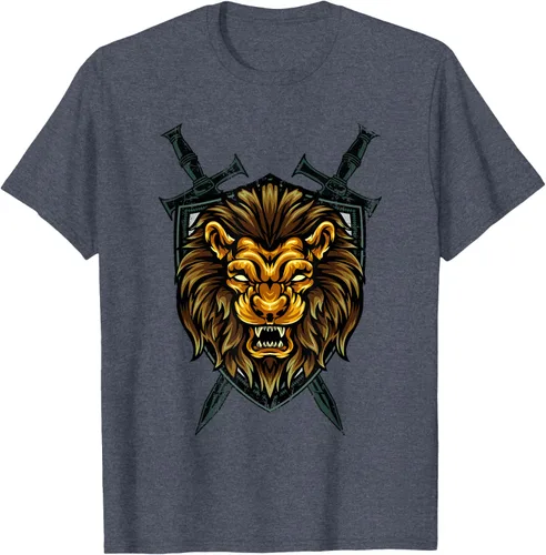 Vista 102 de Camiseta con diseño de caballero medieval renacentista, con diseño de espada de león, Negro, S