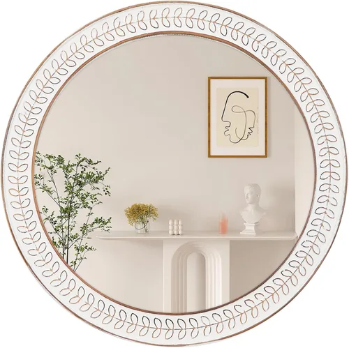 Vista 10 de Espejo redondo de 12 pulgadas con marco de madera para granja, espejo rústico decorativo envejecido montado en la pared para baño, dormitorio, sala