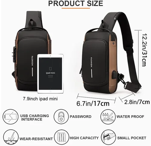 Vista 2 de Bolso bandolera antirrobo, mochila impermeable en el pecho con carga USB, Marrón, talla única , Estilo locomotora