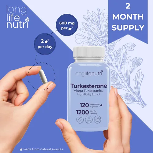 Vista 5 de LongLifeNutri Turkesterone 1200mg - Ajuga Turkestanica de alta pureza para fuerza, recuperación y crecimiento muscular, 120 cápsulas vegetarianas