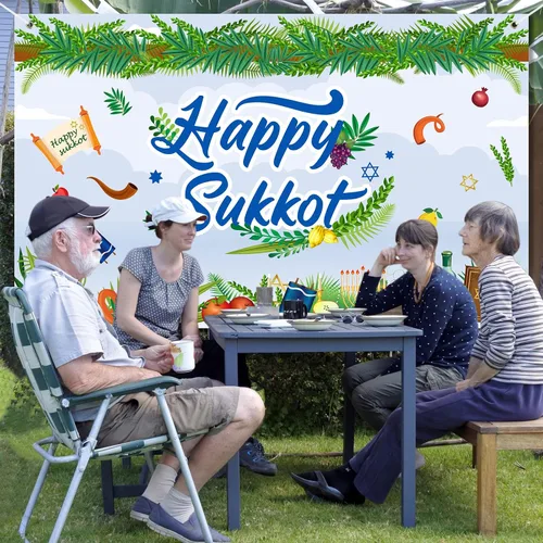 Vista 6 de Newwiee Cartel de fondo de Happy Sukkot de 71 x 43 pulgadas, decoración de fiesta de Sukkah, Etrog Lulav, tapiz judío, decoración de fiesta